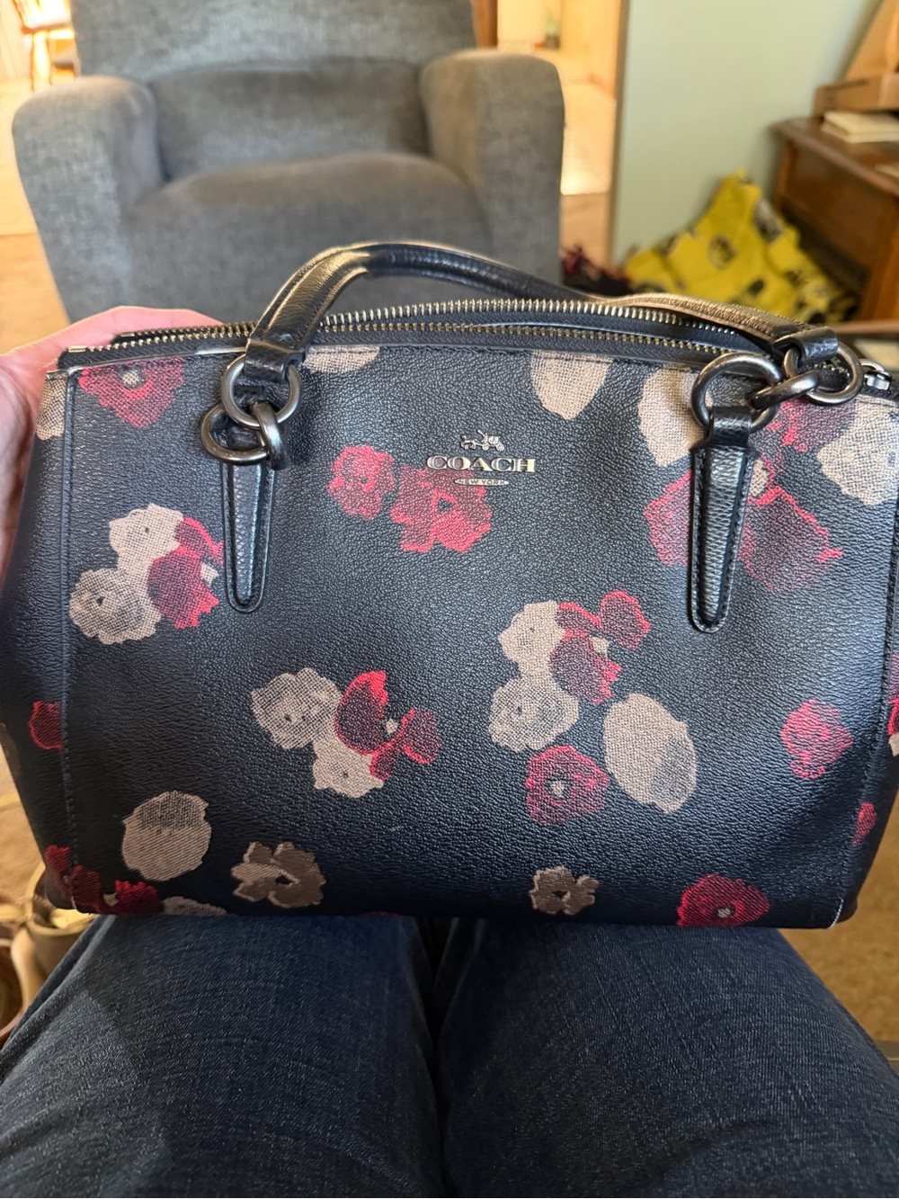 COACH Black Floral Dome Satchel with Red & Taupe Flowers